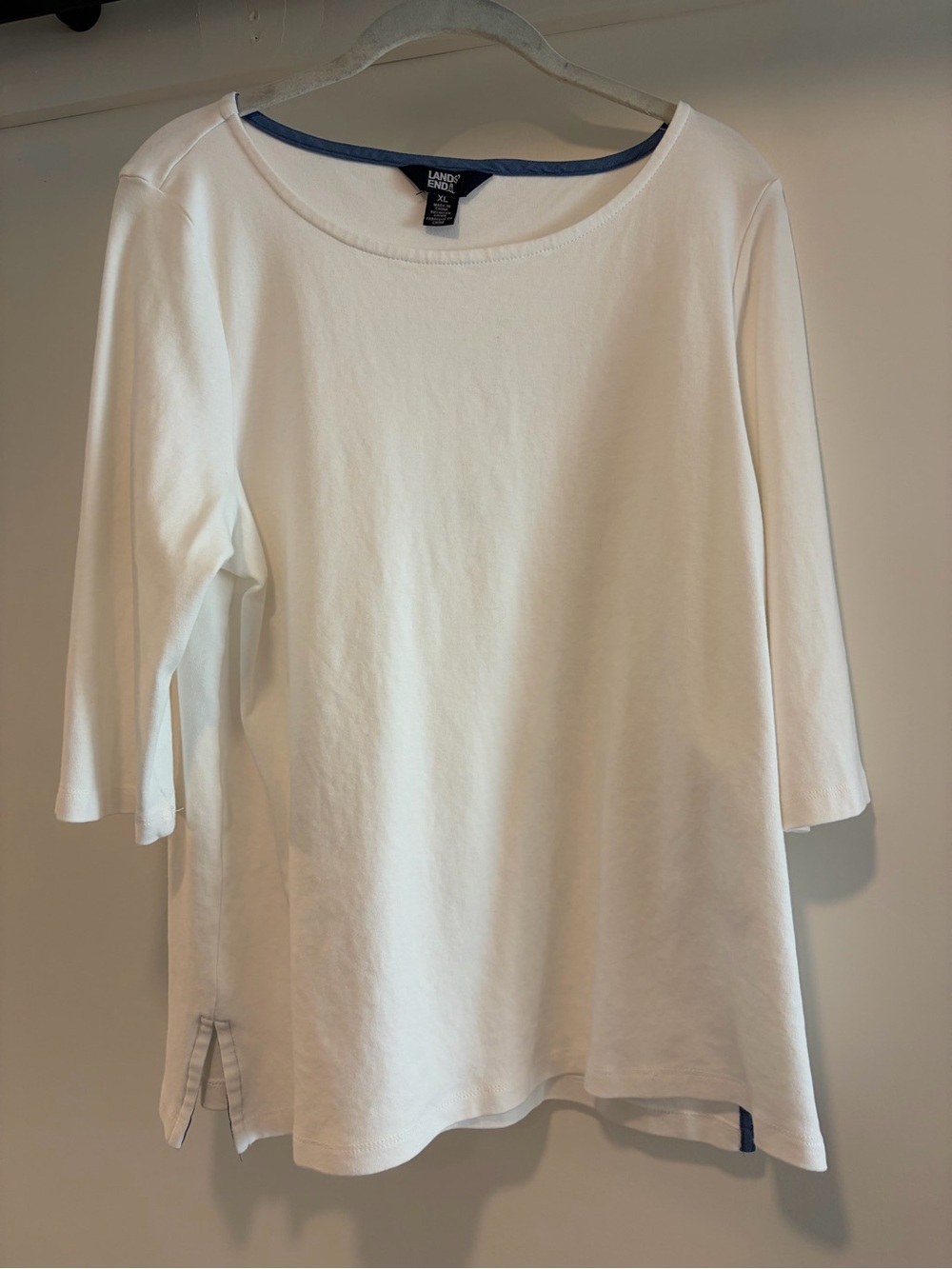 Lands' End White 3/4 Sleeve Boatneck Tee with Navy Trim